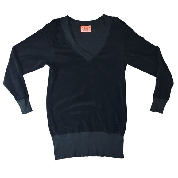 Juicy Couture Sweater Womens Size Petite Black‎ Velour V-Neck Fairy Goth Moody - Picture 1 of 10